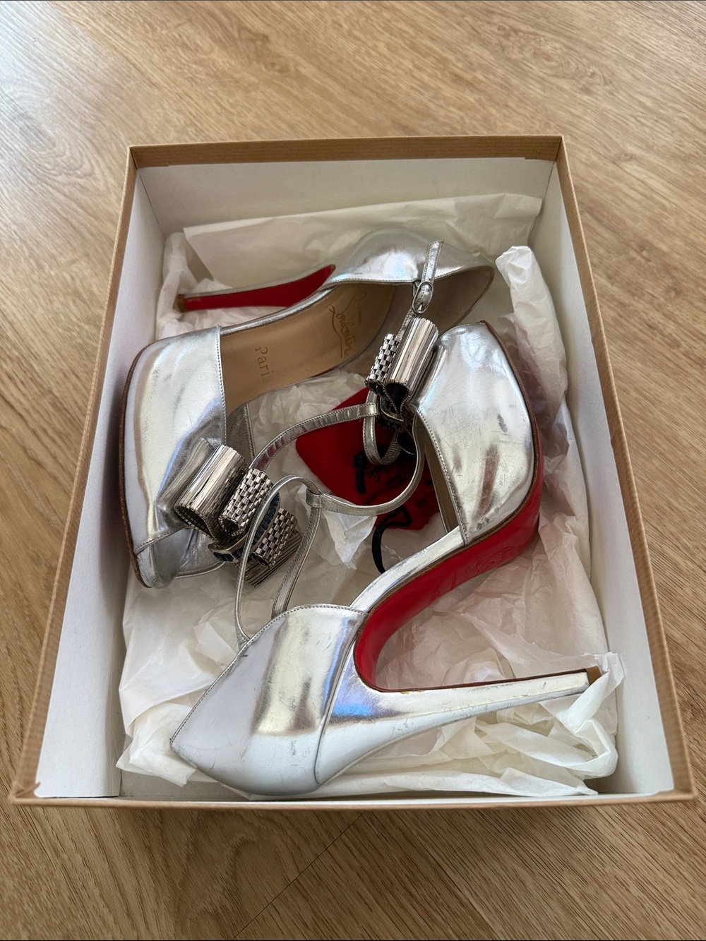 Christian Louboutin Silver Metallic Pointed-Toe Ankle-Strap Pumps with Red Soles